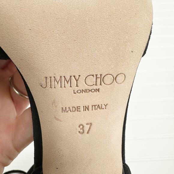 Jimmy Choo Black Suede Reon Sandals Square Toe Ankle Strap 37 - Picture 8 of 12